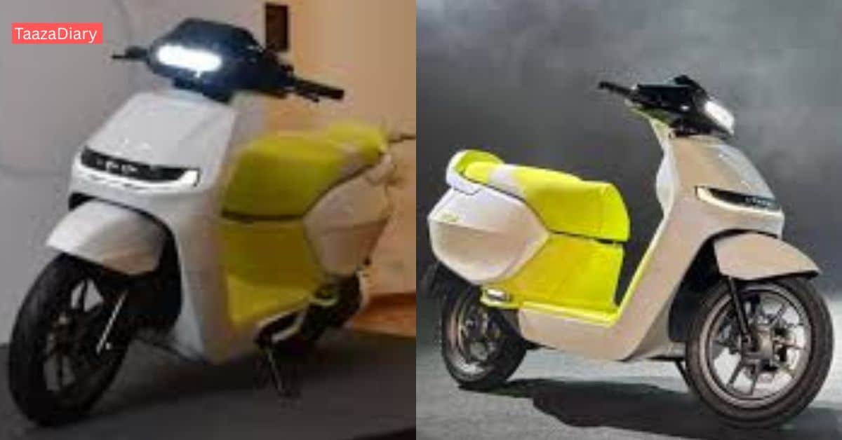 Ather EL01 कॉन्सेप्ट इलेक्ट्रिक स्कूटर का साइड व्यू, लंबी सीट और बड़े स्टोरेज के साथ।