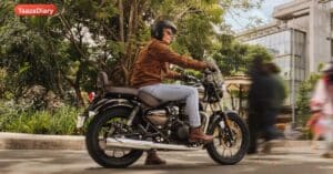 Royal Enfield Meteor 350 क्रूजर riding posture और अलॉय व्हील्स