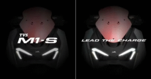 TVS M1-S Electric Maxi Scooter front view with LED headlamp and windscreen