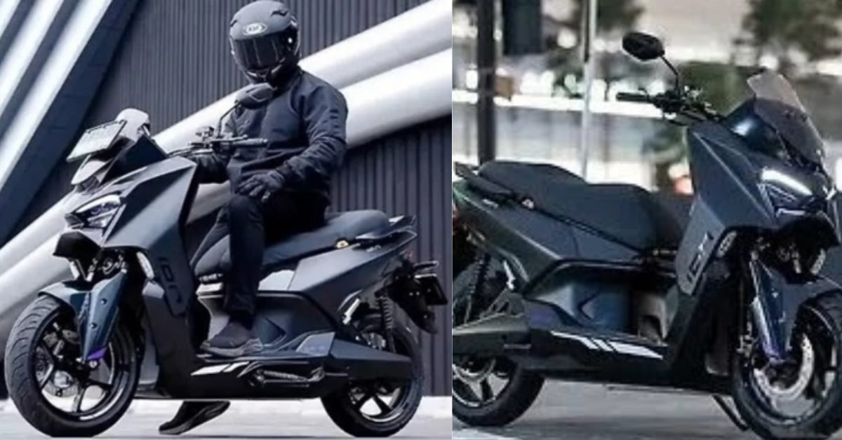 TVS M1-S Electric Maxi Scooter front view with LED headlamp and windscreen