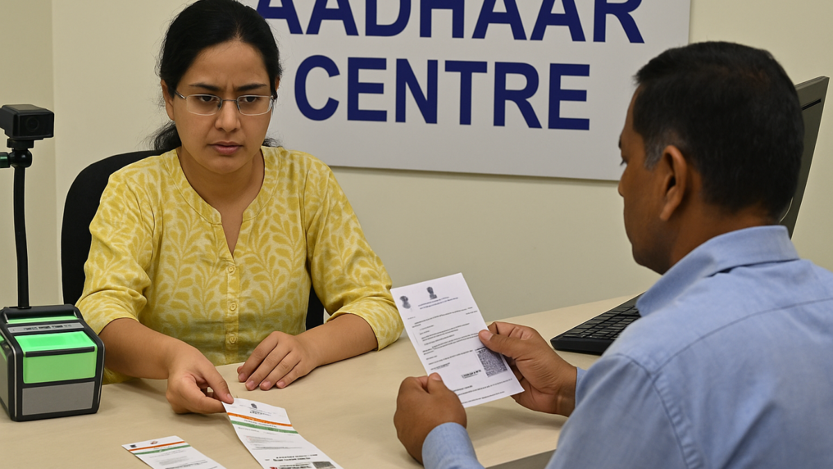 Aadhaar Card enrolment rule change दिखाते हुए Aadhaar centre में दस्तावेज़ verification का हाई-क्वालिटी दृश्य