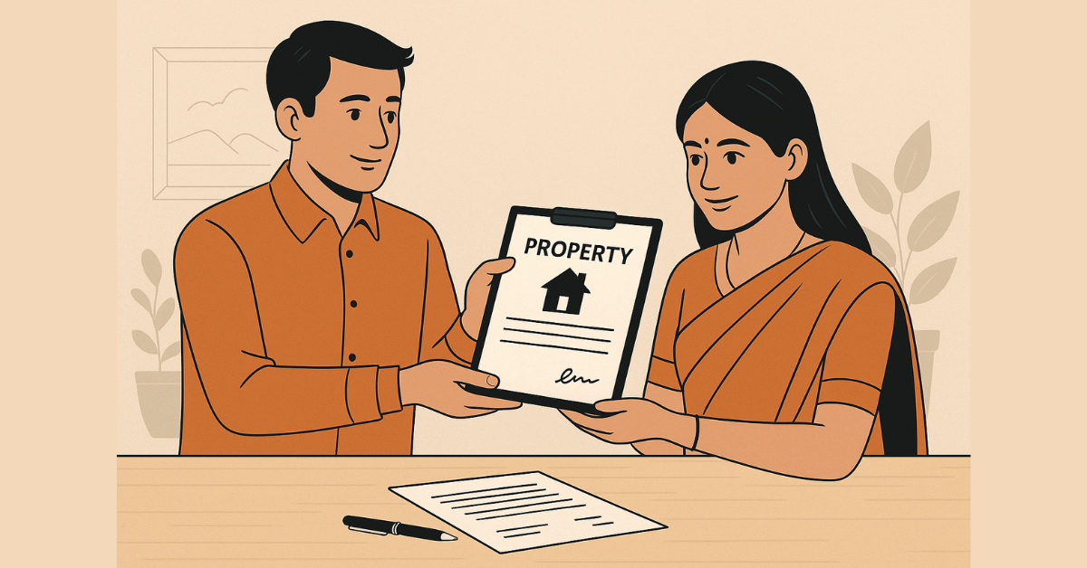Husband giving property papers to wife for registration – Buying property in wife’s name tax rules explained visually for Indian readers.