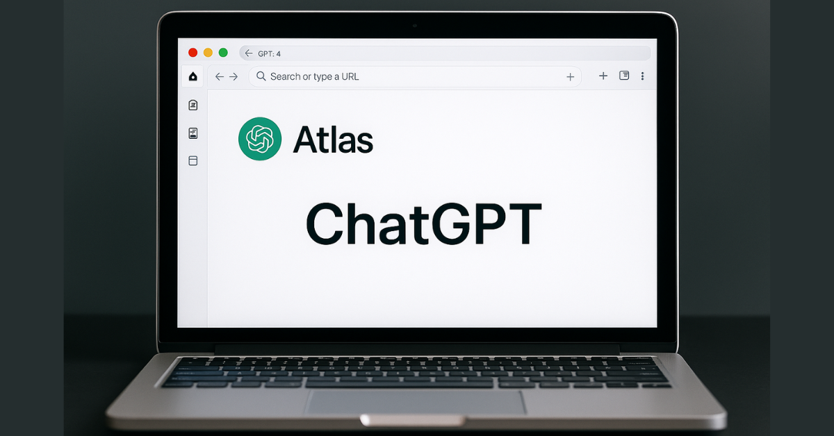 ChatGPT's AI browser Atlas: MacBook स्क्रीन पर दिखता ChatGPT Atlas ब्राउज़र इंटरफेस, साफ और आधुनिक डिजाइन के साथ।
