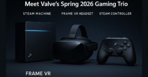 Valve Spring 2026 Gaming Trio — Steam Machine Console, Frame VR Headset और Controller की लॉन्च झलक