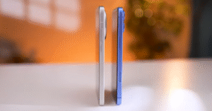 Realme GT 8 Pro Launched: Two smartphones in silver and blue colors standing side by side showing their slim side profiles and camera bump design