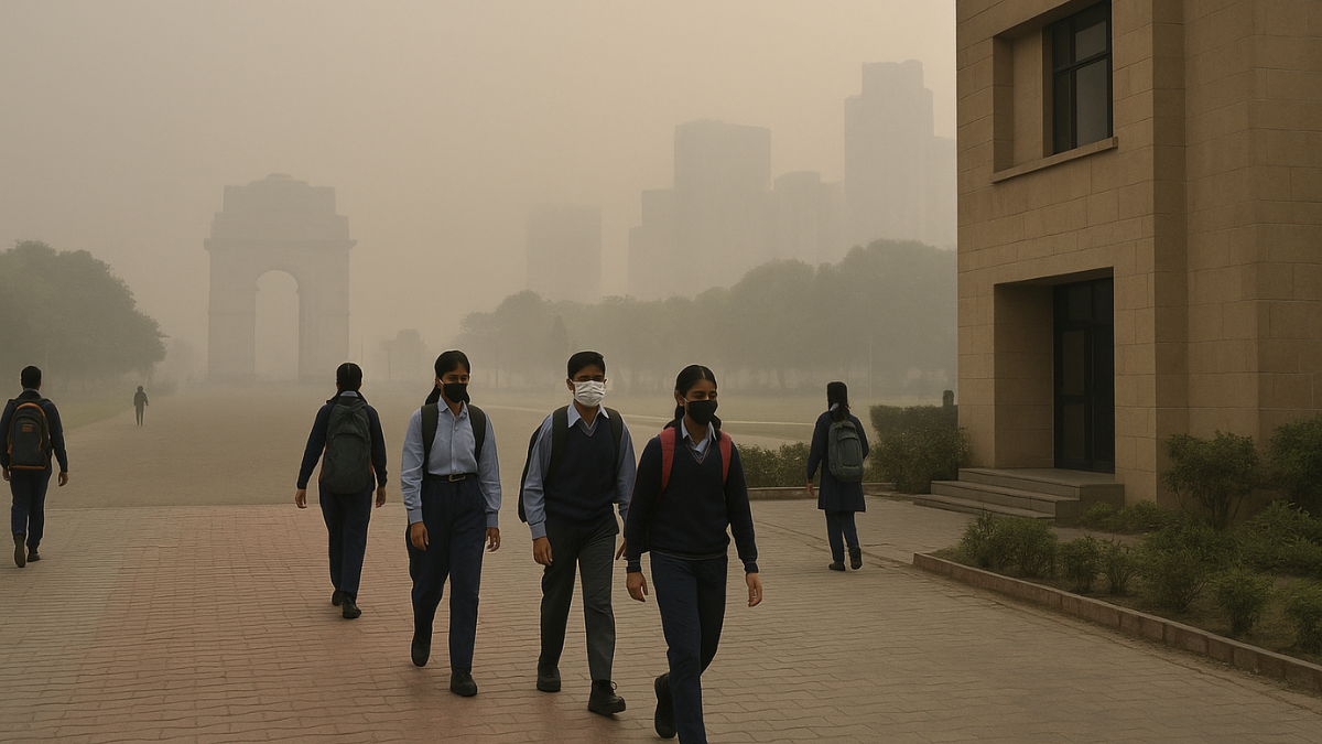 School holiday in Delhi-NCR smog with school building and students wearing masks