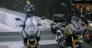 TVS EICMA 2025 showcase featuring Tangent RR, eFX three o, M1-S, and RTR HyprStunt concept bikes displayed by TVS Motor Company at Milan auto show.