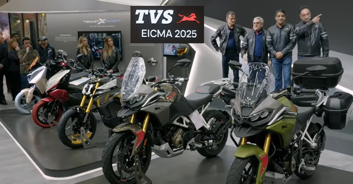 TVS EICMA 2025 showcase featuring Tangent RR, eFX three o, M1-S, and RTR HyprStunt concept bikes displayed by TVS Motor Company at Milan auto show.