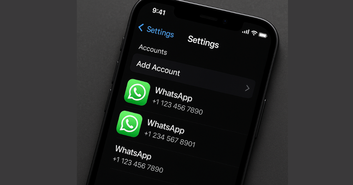 WhatsApp iPhone Multi-Account: iPhone screen showing WhatsApp multi-account settings interface in dark mode