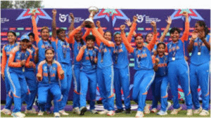 Indian women’s team celebrating Women’s Blind Cricket T20 WC Win with trophy