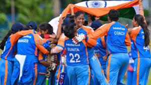 Indian women’s team celebrating Women’s Blind Cricket T20 WC Win with trophy