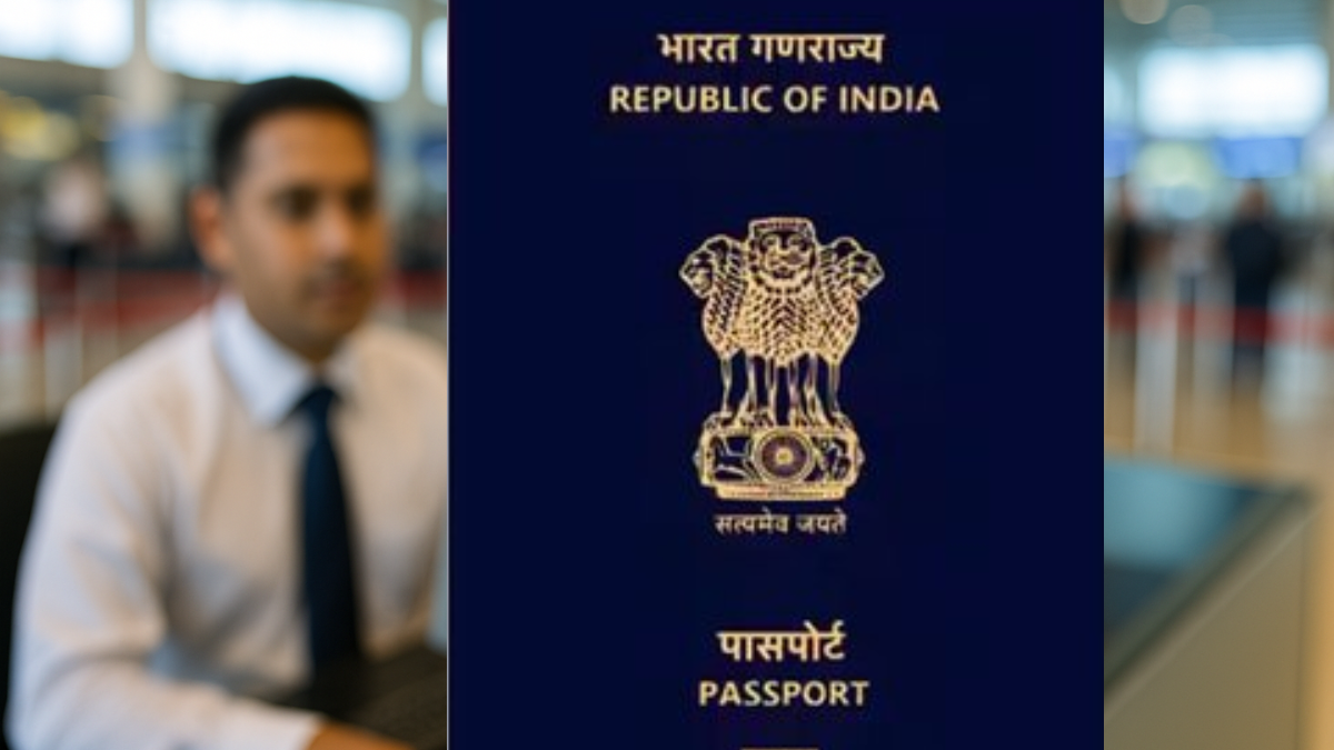 Indian e-Passport with RFID chip symbol at airport immigration desk