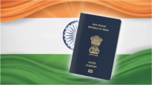 Indian e-Passport with RFID chip symbol at airport immigration desk