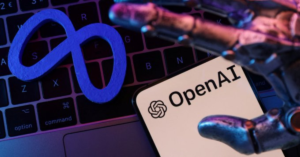 AI infrastructure investment से जुड़ा दृश्य, जिसमें OpenAI लोगो, Meta का प्रतीक और AI तकनीक दर्शाता रोबोटिक हाथ दिखाई दे रहा है