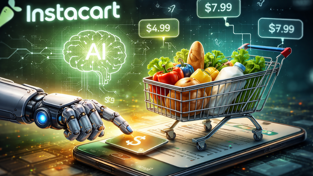 Instacart AI price experiment showing robotic hand adjusting grocery prices on a mobile shopping platform