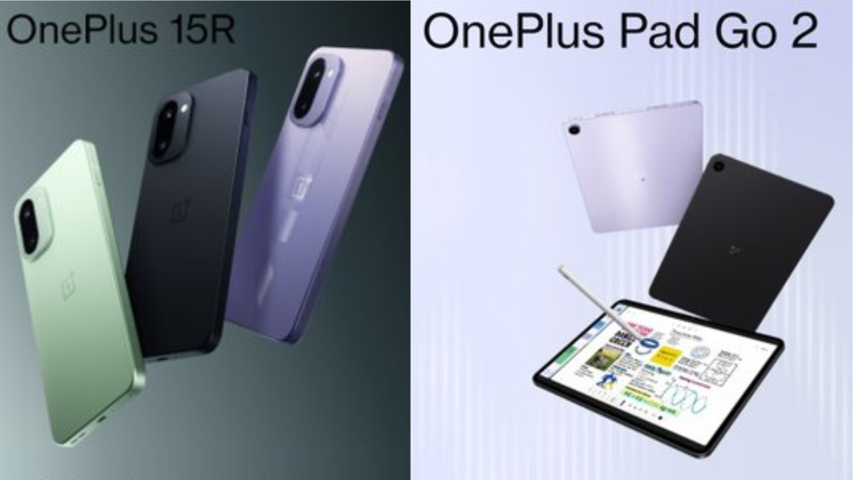 OnePlus 15R launch today के दौरान OnePlus Pad Go 2 टैबलेट और स्मार्टफोन की झलक