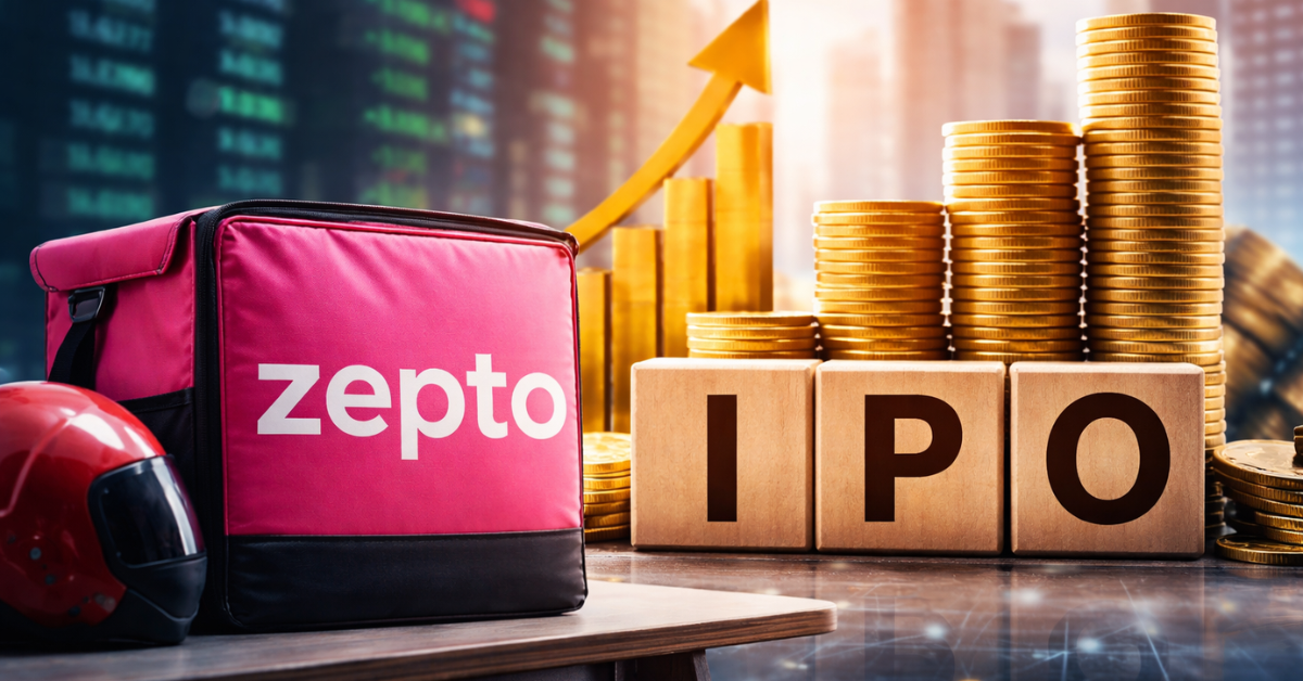 Zepto IPO 2025 से जुड़ी प्रतीकात्मक तस्वीर, जिसमें क्विक कॉमर्स डिलीवरी बैग, सिक्कों के ढेर और शेयर बाजार ग्रोथ को दर्शाता विज़ुअल