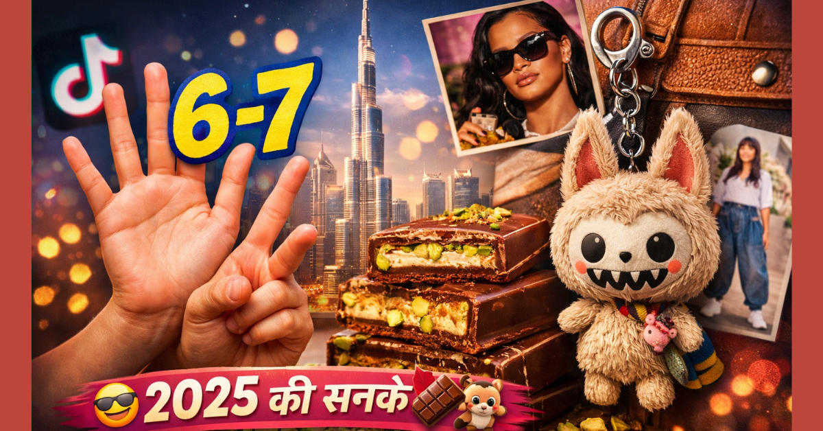 ‘6-7,’ Dubai chocolate और Labubu 2025 के वायरल ट्रेंड्स की प्रतीकात्मक तस्वीर