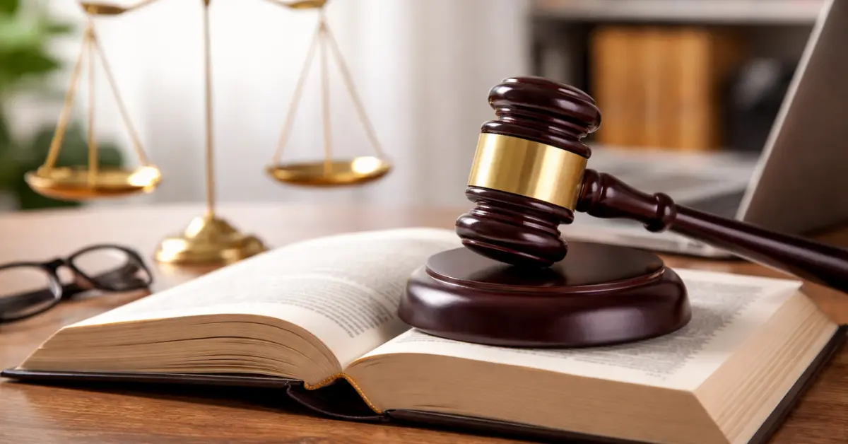 AIBE 20 Result 2025 से जुड़ी कानून परीक्षा की प्रतीकात्मक छवि, कानून की किताब पर जज की हथौड़ी और न्याय का तराजू