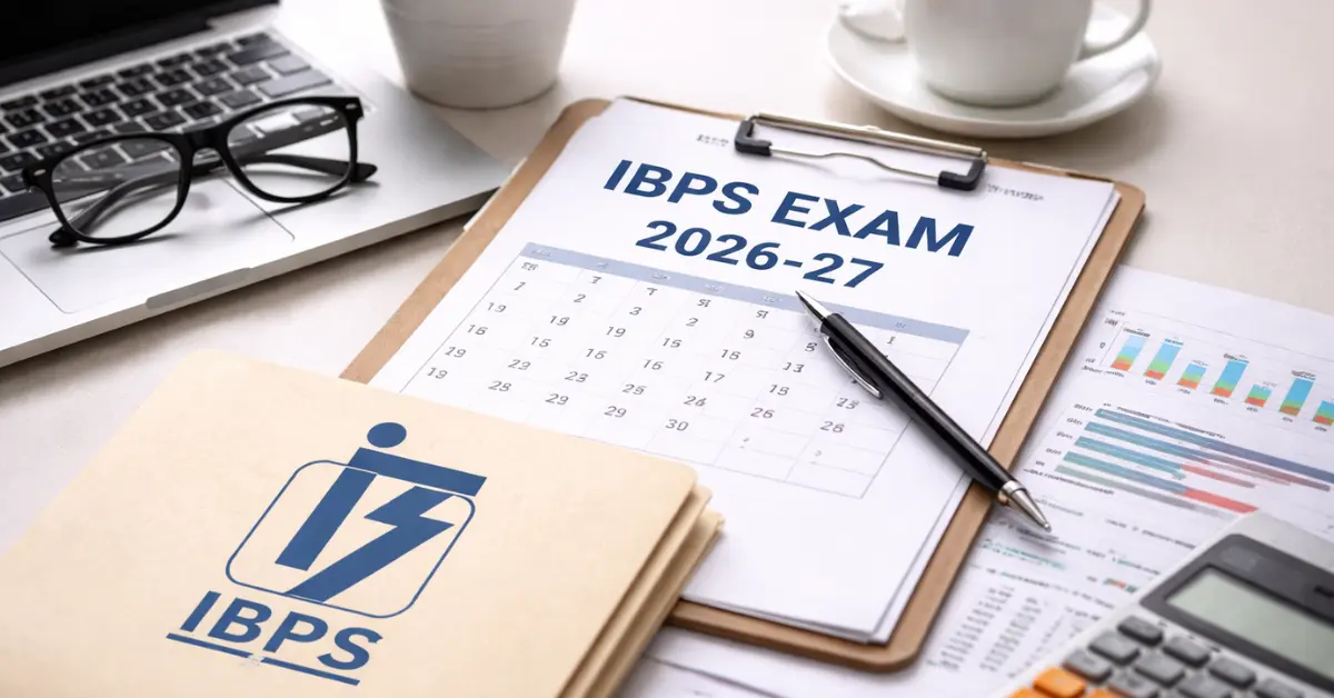 डेस्क पर IBPS Exam Calendar 2026-27 के दस्तावेज, क्लिपबोर्ड, लैपटॉप और फाइलें