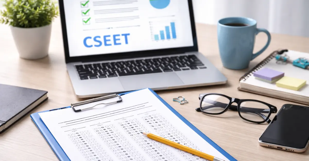 ICSI CSEET Mock Test से जुड़ा ऑनलाइन परीक्षा सेटअप, लैपटॉप, प्रश्न पत्र और अध्ययन सामग्री के साथ तैयारी का दृश्य
