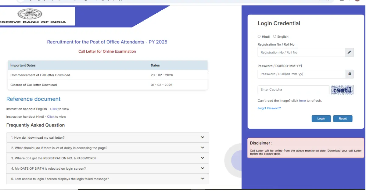 RBI Office Attendant Exam Centre 2026: State List