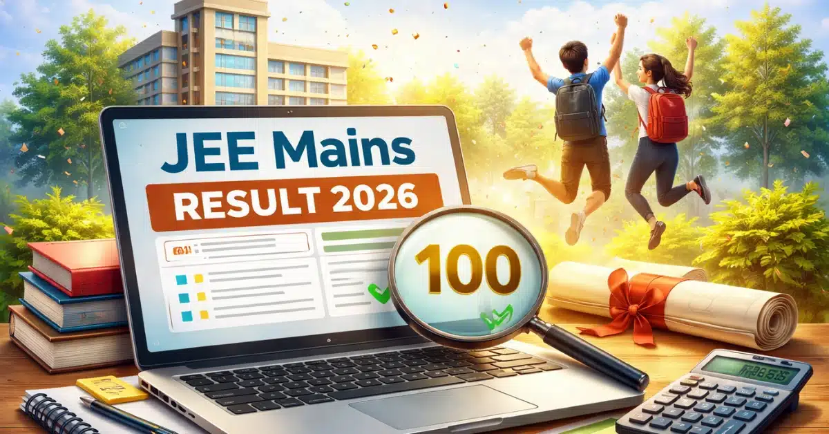 JEE Mains Result 2026 celebration scene with laptop, study materials, and happy students outdoors.